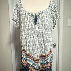 ONE WORLD White and Teal Patterned Blouse